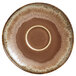A white porcelain saucer with a brown rim and white circle.