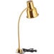 An Avantco gold single arm bulb warmer heat lamp with a wire.