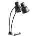 An Avantco black dual arm countertop heat lamp on a black stand with two black cords.
