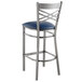 Lancaster Table & Seating Clear Coat Steel Cross Back Bar Height Chair with 2 1/2" Navy Vinyl Seat - Preassembled Main Thumbnail 4