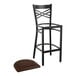 A Lancaster Table & Seating black cross back bar stool with a dark brown cushion.