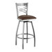A Lancaster Table & Seating swivel bar stool with a brown vinyl padded seat on a metal frame.