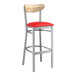 A Lancaster Table & Seating bar stool with a red vinyl seat and driftwood back.
