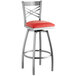 Lancaster Table & Seating Clear Coat Steel Cross Back Bar Height Swivel Chair with 2 1/2" Red Vinyl Seat Main Thumbnail 1