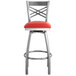 Lancaster Table & Seating Clear Coat Steel Cross Back Bar Height Swivel Chair with 2 1/2" Red Vinyl Seat Main Thumbnail 4