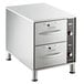 A stainless steel rectangular ServIt double drawer warmer with knobs and buttons.