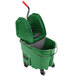 A green Rubbermaid mop bucket with a handle and a gray dirty water bucket on wheels.
