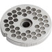 An Avantco stainless steel circular metal grinder plate with holes in it.