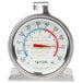 A close up of a Taylor refrigerator / freezer thermometer with a round red and blue dial.
