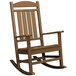 A teak POLYWOOD Presidential rocking chair with armrests.