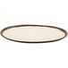 A white GET melamine plate with a brown rim.