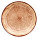 A RAK Porcelain Timber Brown porcelain deep coupe plate with a tree trunk pattern on the surface and a white band.