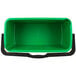 A green plastic bucket with black handles.