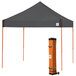 A grey E-Z Up canopy with orange poles in a black bag.