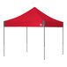 A red E-Z Up canopy with steel gray poles on a white background.
