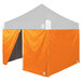 A white tent with E-Z Up bright orange sidewalls.