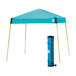 A blue E-Z Up canopy with lime green poles in a blue bag with a white label.