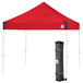 A red E-Z Up Vantage canopy with a white frame and a black bag on the side.
