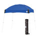 A royal blue E-Z Up canopy with a white frame and a bag.