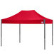 A red tent with black poles.