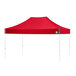A red E-Z Up canopy with white poles and a white background.