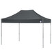 A black canopy tent with clear aluminum poles on a white background.
