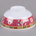 A white melamine bowl with a red and white Longevity design.