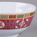 A white melamine bowl with Chinese writing that says "Longevity" in red.