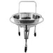 An Omcan stainless steel mobile mixing bowl stand with a large metal bowl on a cart.