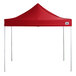 A red Backyard Pro Courtyard canopy tent with poles.