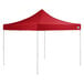 A red Backyard Pro instant canopy with poles and a triangular top.