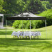 A black Backyard Pro canopy set up with a white table and chairs on grass.