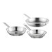 A group of three Vigor stainless steel frying pans with handles.