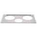 A silver Vollrath stainless steel rectangular adapter plate with three circular holes.