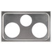 A stainless steel Vollrath steam table adapter plate with three holes.
