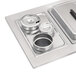 A Vollrath stainless steel 3 hole steam table adapter plate on a metal tray with two pans and a lid.