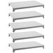 A white rectangular Cambro Camshelving stationary shelf kit with 5 white solid shelves.