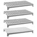 A white Cambro Camshelving® stationary shelf kit with 3 vented shelves and 1 solid shelf.