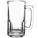 A clear glass Anchor Hocking beer mug with a handle.