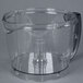 A clear plastic Waring batch bowl with a black handle.