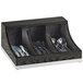 A black and white wooden Cal-Mil Cinderwood flatware organizer with silverware inside.