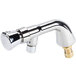 A chrome plated T&S metering faucet with a gold nut.