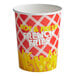 A white paper cup with a red and white checkered pattern and the words "hot and fresh french fries" in red.