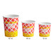 A group of red and white Choice paper French fry cups with yellow text.