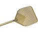 A gold anodized aluminum square pizza peel with a perforated surface.