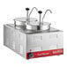 An Avantco silver countertop food warmer with two condiment pumps on a counter.