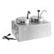 An Avantco stainless steel countertop food warmer with two wells and a lid.