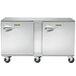 A Traulsen stainless steel undercounter freezer with two right hinged doors on wheels.