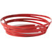 A close-up of a red oval wire basket with three rings.