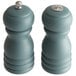 Two Acopa steel blue wooden salt and pepper shakers with silver tops.